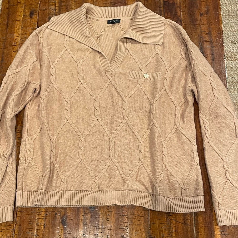 Talbots Women's Toasted Coconut Cable Knit Collared Pullover SIZE-LARGE